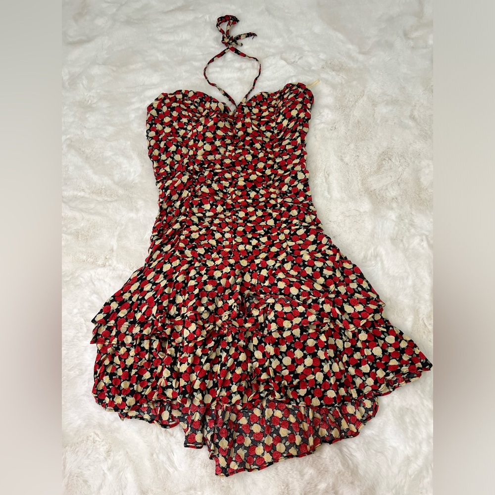 Misope Red Rose Ruffle Halter Mini Dress
